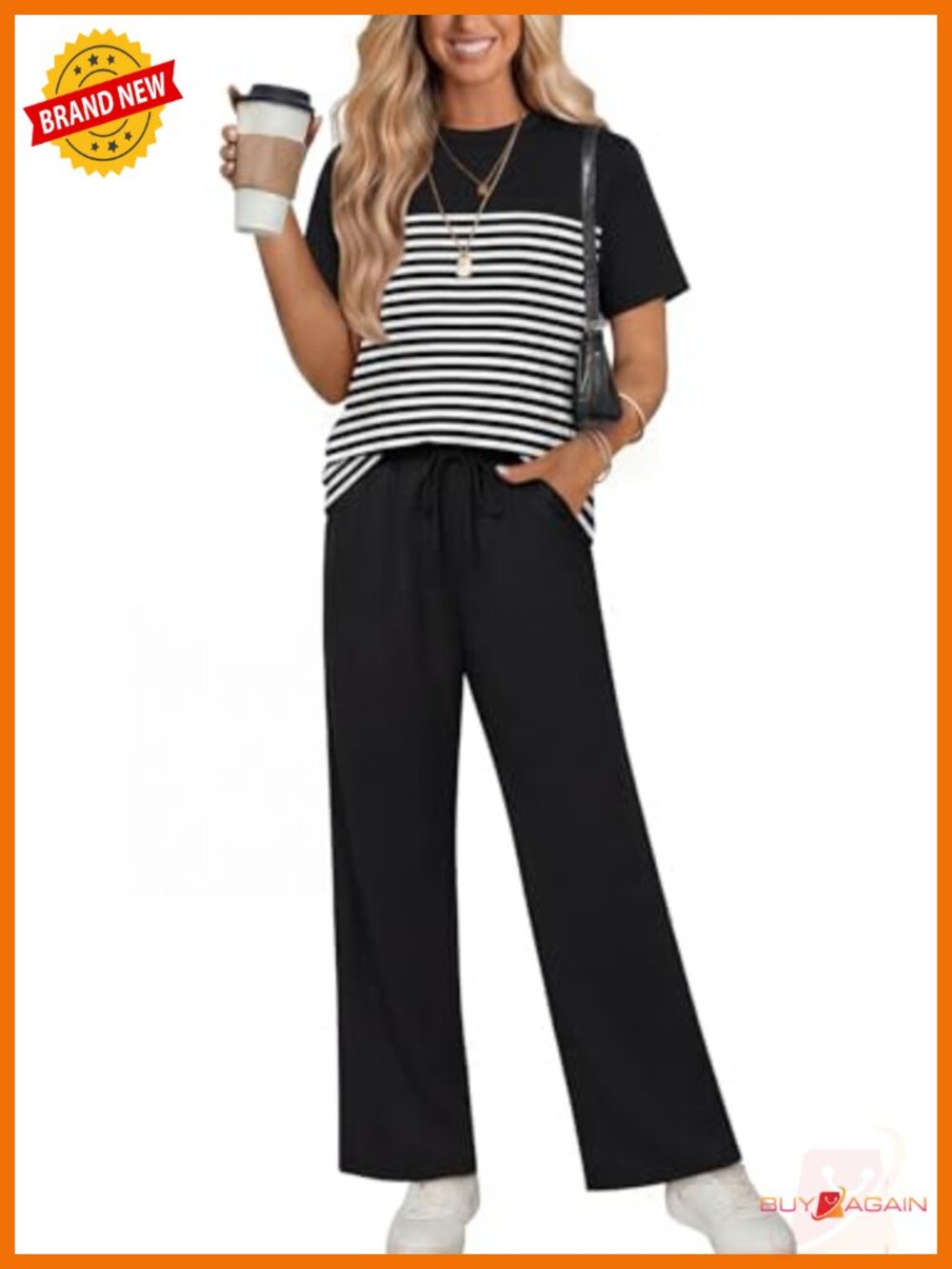 Womens Two Piece Lounge Set Wide Leg Pants Striped Side Stripe